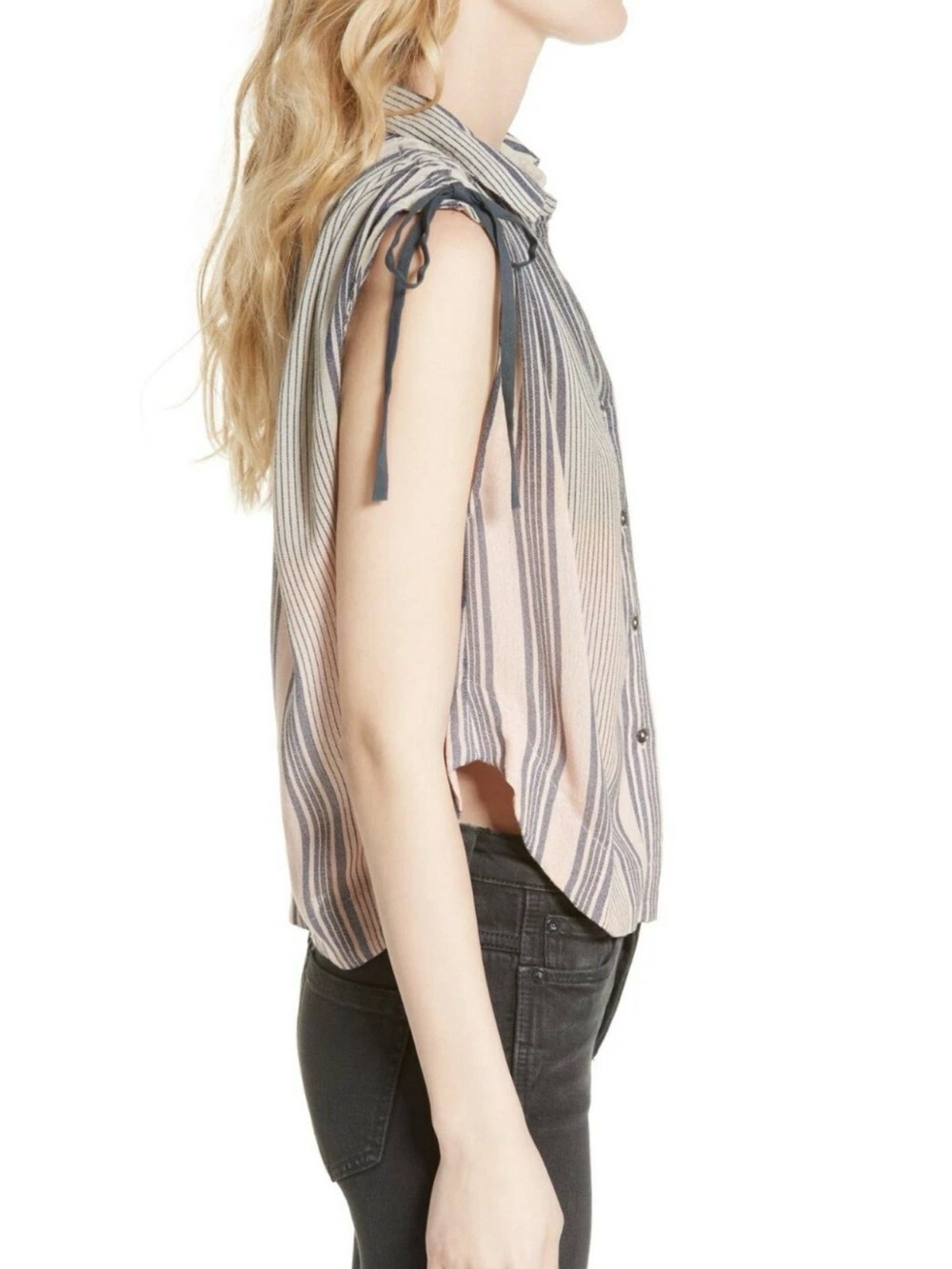 Free People Baby Blues Stripe Button-Down in Blush and Blue Ombré. Size M - Picture 3 of 6